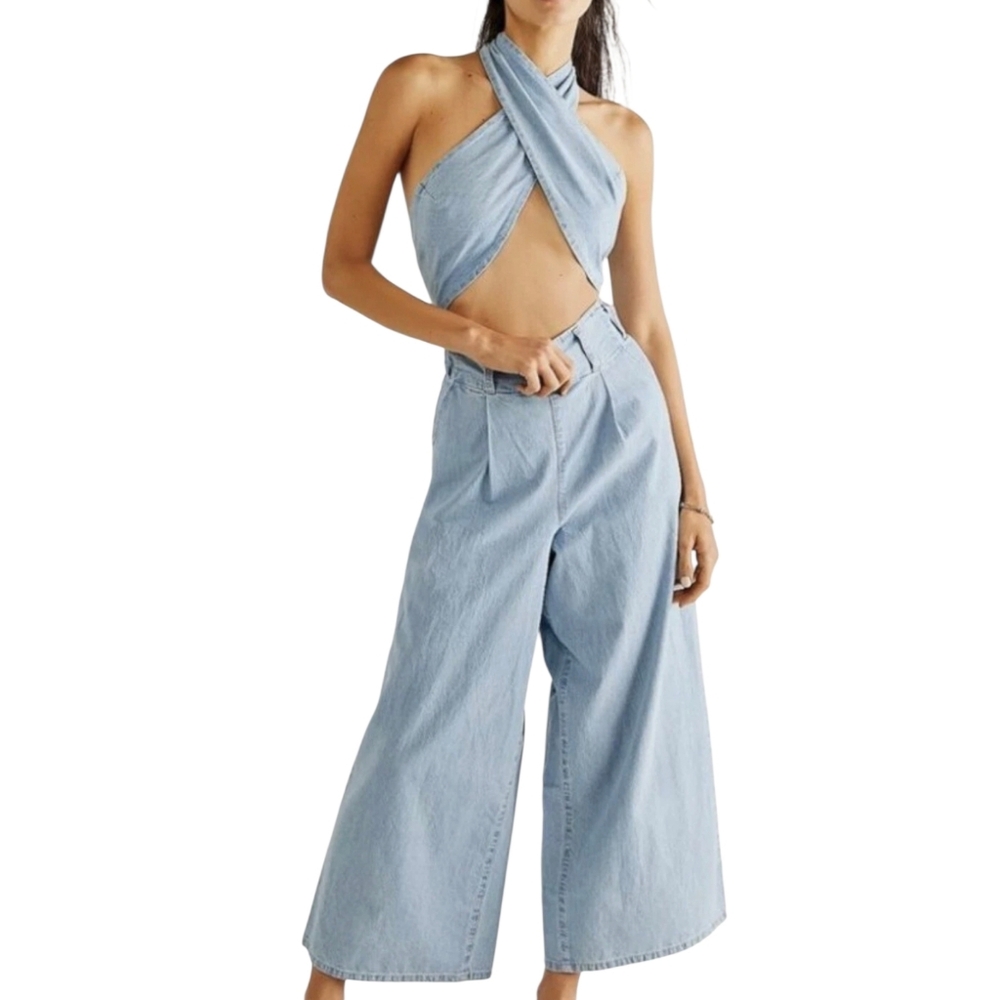 Free People Sasha Convertible Wide Leg Jeans Denim Jumpsuit Blue Western L NWT